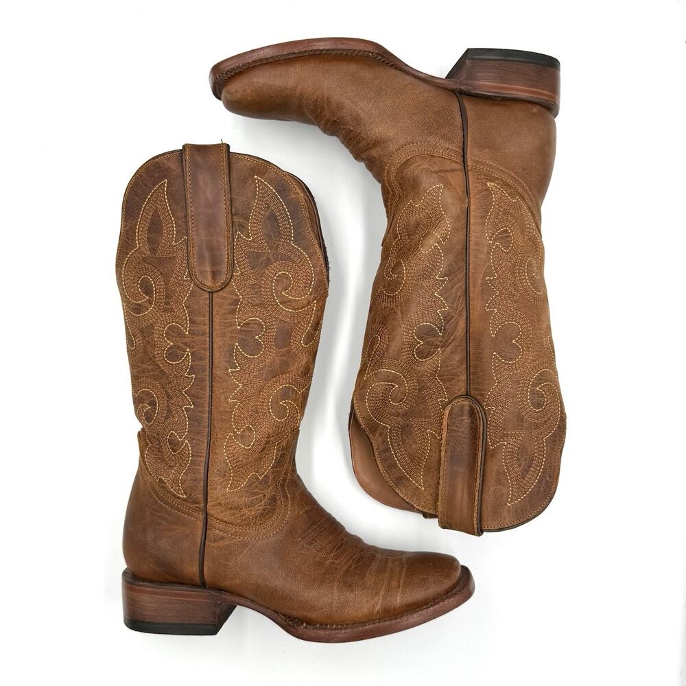 Tanner Mark Cognac Leather Western Cowboy Boots Women’s Size 6 Mexico Square Toe